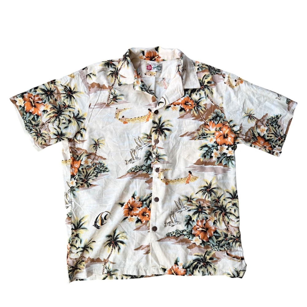 Hilo Hattie The Hawaiian Original Mens Tropical Aloha Shirt Cream Orange L/XL